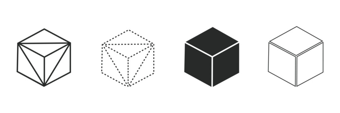 3D Cube Geometric Shape Icon Set, Isometric Block Structure Outline Silhouette Graphic Symbol, Polyhedron Polygon Vector Design, Abstract Box Clipart, Black, White, Dotted