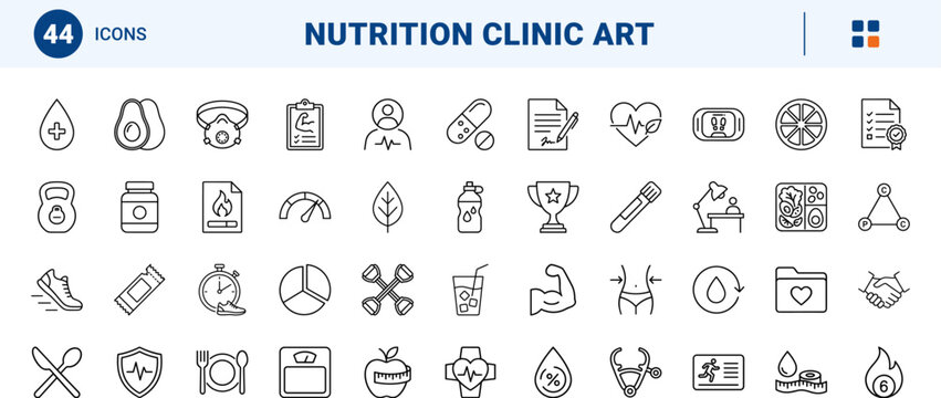 Sports nutrition clinic art line icon set. Vector pictograms of athletic, diet, performance, and meal elements, thin linear illustration.