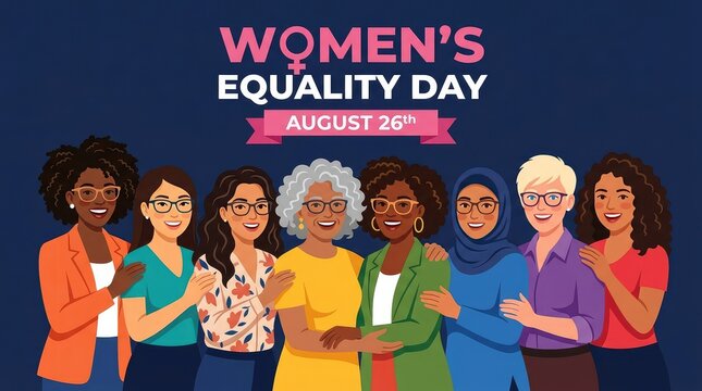 Womens Equality Day August 26 flat vector illustration of diverse women standing side by side