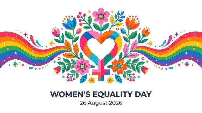 Womens Equality Day August 26 2026 banner with floral rainbow heart and gender symbols
