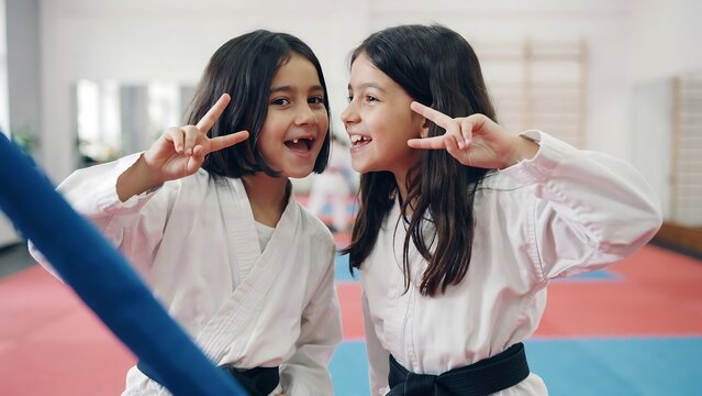 Happy young twin sisters wearing white karate uniforms posing with peace signs inside a bright gym during their martial arts practice