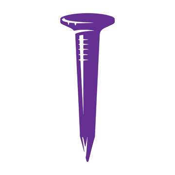 A purple of a single metal nail with a flat head and a sharp pointed tip, isolated on a plain white background, for tools