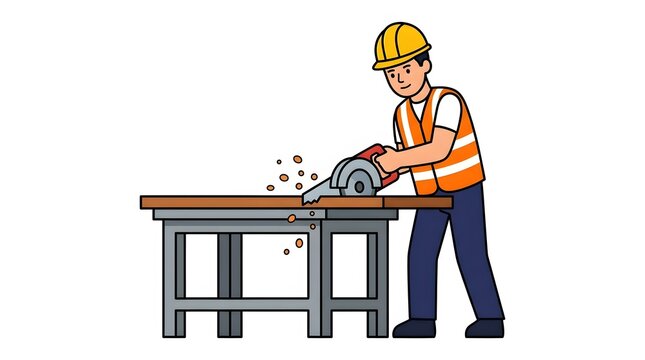Male construction worker using circular power saw on workbench