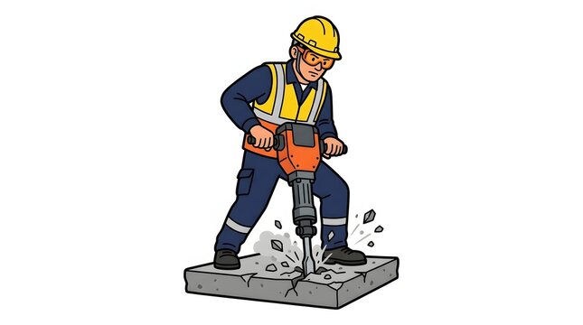 Construction worker using a pneumatic jackhammer on concrete slab