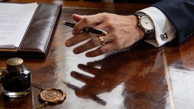 Executive professional signing business documents at polished wooden desk holding elegant fountain pen beside leather portfolio official paperwork ink bottle wax seal wristwatch gold ring formal suit 