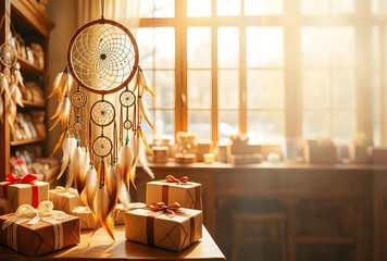 Naklejka premium Dreamcatcher and gift boxes in a cozy sunlit room, bohemian decor and spiritual wellness, holiday season and celebration