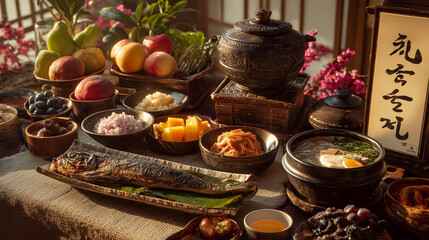 Fototapeta premium Luxury Korean breakfast table featuring rice, soup, kimchi, grilled fish, tea and seasonal fruits with Hangul Day inspired decorations, ultra realistic, no people