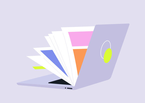 In a calm workspace, a sleek laptop opens to reveal colorful pages that showcase creativity through digital design and literature, inspiring innovation and imagination.