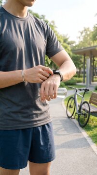 Athletic Man Checking Fitness Tracker and Holding Water Bottle After Cycling in Park