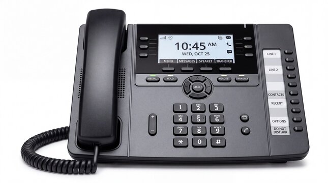 Professional black office desk phone featuring digital display screen with numeric keypad for business communication systems isolated on white background