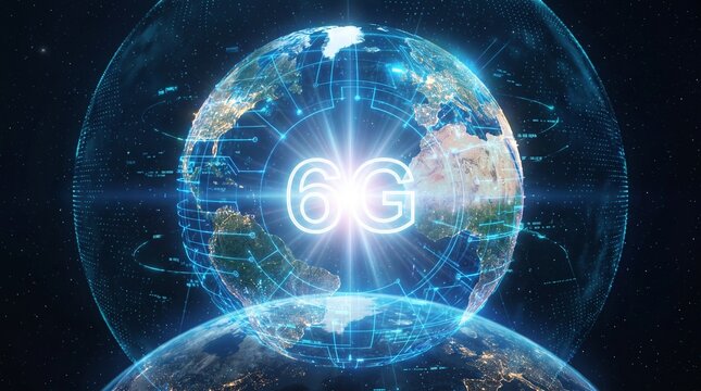 Digital Earth globe with 6G network connectivity and global data transmission technology.