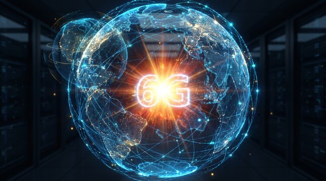 Glowing 6G network sphere with digital earth globe in a modern server room data center.