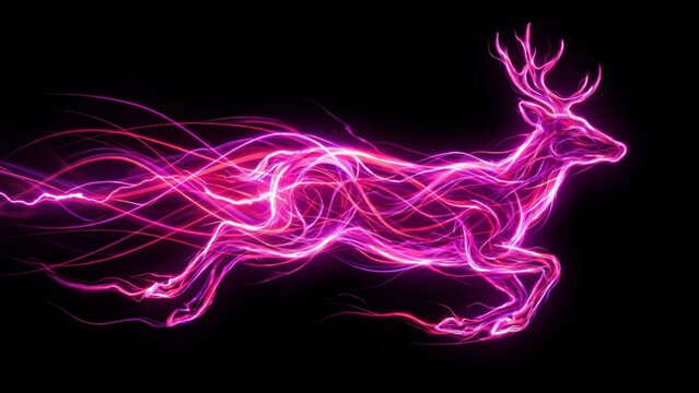 Neon pink glowing deer running fast in abstract style