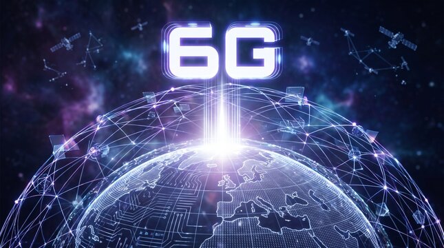 6G network technology concept with global satellite communication infrastructure in space.