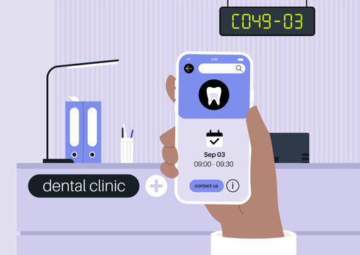 A friendly dentist reception captured in a vibrant space. A person holds a phone showing an appointment time, Neat shelves and a clock add to the relaxing environment.