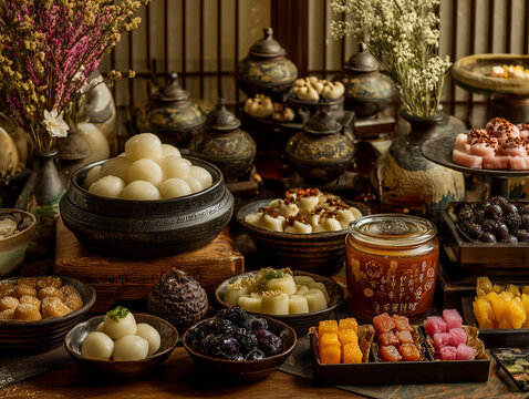 Luxury Korean dessert buffet featuring rice cakes, honey cookies, bingsu and traditional sweets with Korean cultural decorations, premium stock photography, no people