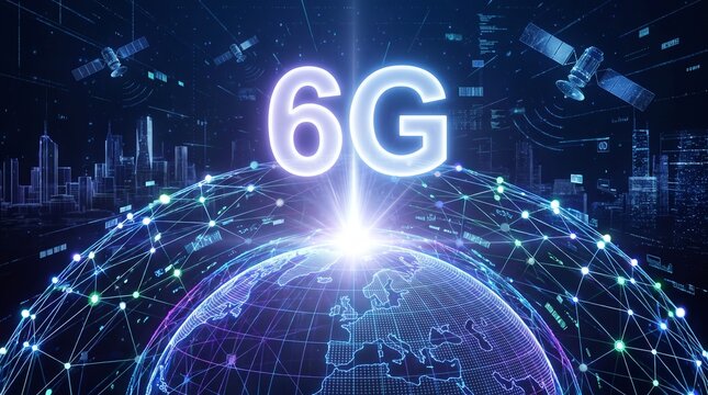 Futuristic 6G network technology concept with global satellite connectivity and digital data.