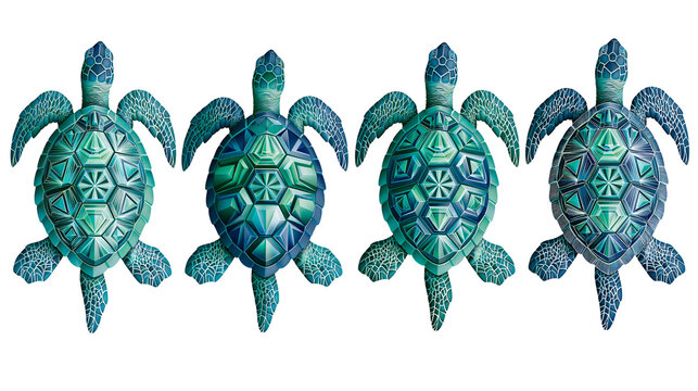 Four geometric sea turtles in shades of blue and green