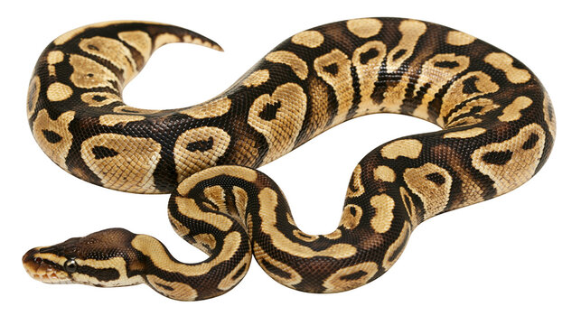 Ball python snake with brown and tan markings coiled on white