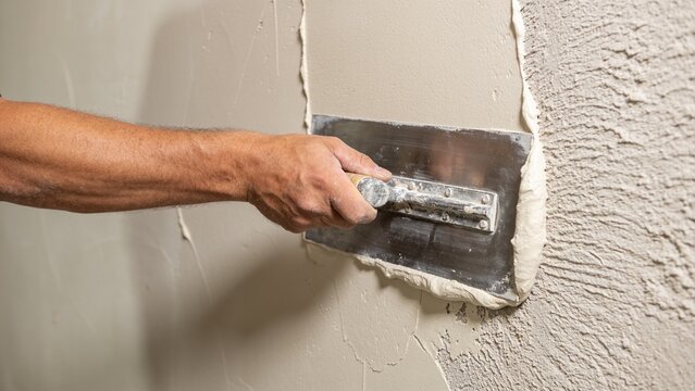 Professional construction worker applying fresh plaster compound across unfinished interior wall using stainless steel trowel skilled craftsmanship renovation drywall finishing masonry surface prepara