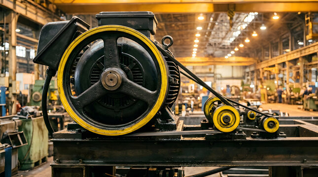 Heavy Duty Industrial Electric Motor with Belt Drive Pulley System in Factory | Close-Up of Heavy Electric Motor Drive Mechanism with Yellow Pulley Wheels | Industrial Machinery Power Unit with Pulley