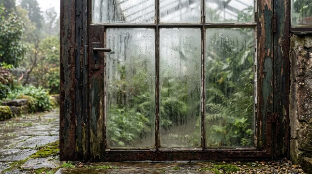 Old rustic greenhouse door with weathered wood frame and lush green plants inside