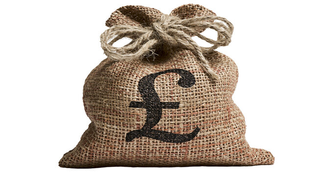 Burlap sack with pound sterling symbol tied with twine
