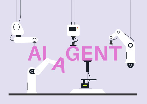 Five advanced AI agent factory robots collaborate to streamline tasks on a sleek production line, showcasing innovation and teamwork at its best in a colorful environment.