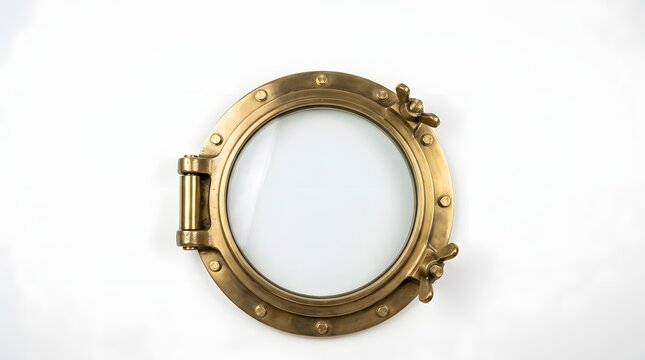 Brass nautical porthole window on white background