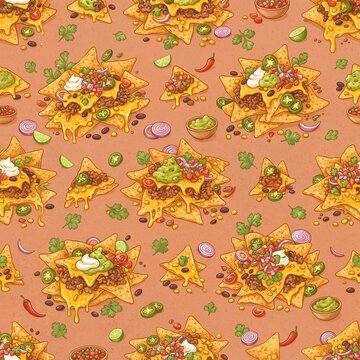 Tasty colorful crispy mexican nachos seamless pattern. Nice spanish fastfood texture for textile, wallpaper, background, cover, banner, bar and cafe menu design 