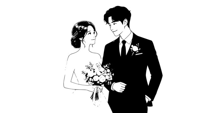 Elegant Korean romance inspired bride and groom wedding ceremony couple character vector illustration with cinematic storytelling style