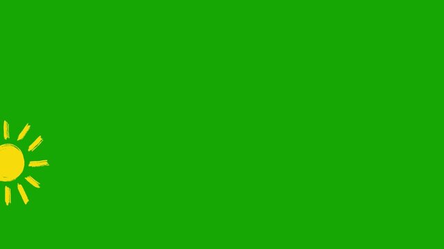 Hand-drawn looping animation of a bright, shining sun appearing and disappearing. 4K resolution, green background, chroma key, overlay.