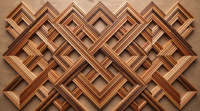 geometric wood pattern with interlocking diamond shapes formed by thin, parallel wooden strips, creating a rich, textured design