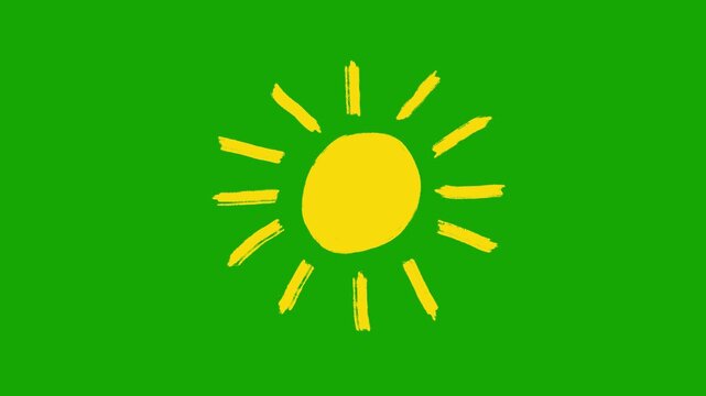 Hand-drawn animation of a brightly shining sun. 4K resolution, green background, chroma key, overlay, looping.