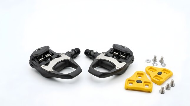 Bicycle pedals with cleats and mounting hardware displayed
