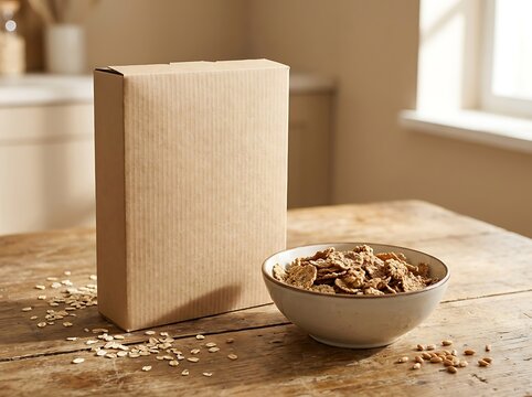 Blank cereal box and a bowl of healthy oat flakes on a rustic wooden kitchen table. blank cereal box