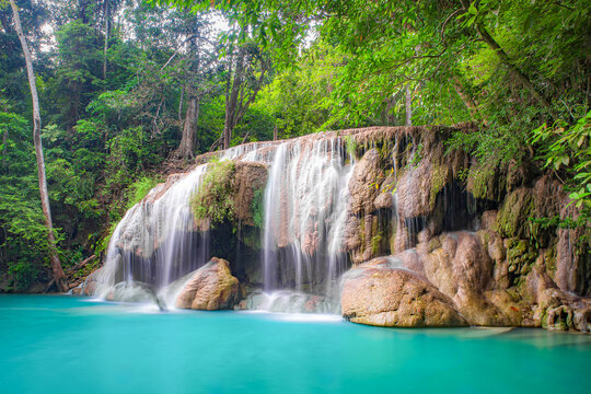 Beauty in nature, amazing Erawan waterfall in tropical forest of national park, Thailand