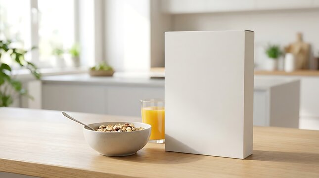 Blank cereal box with a bowl of granola and orange juice on a wooden kitchen table. blank cereal box