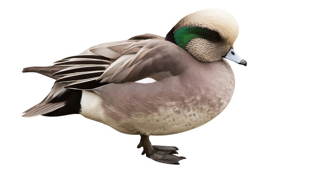 American Wigeon duck with green head and white crown