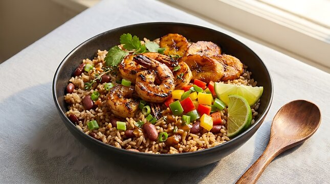 A bowl of delicious fried rice with grilled shrimp and plantains served with lime. Jamaican rice bowl