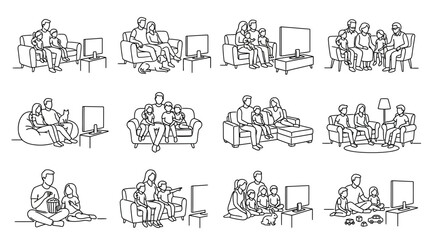 Collection of families sitting on sofa watching television together line art