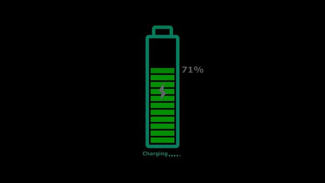 Vertical Battery Charge Indicator Showing 71 Percent With Green Bars And Charging Text On Black Background.