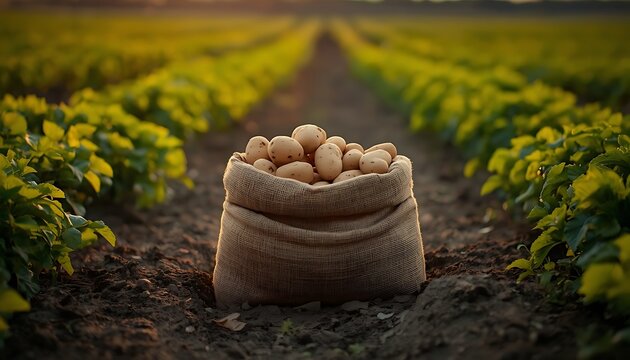 Hand-knitted wool yarn ball nestled in rustic burlap sack center of sunlit rapeseed field row,