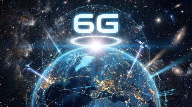 Global 6G network technology visualization with satellite connectivity over Earth in space.