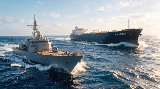 Modern warship sailing alongside large oil tanker on open sea. Naval security operations and maritime surveillance concept.