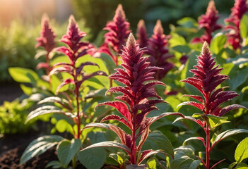 Fototapeta premium Amaranth plant with vibrant red leaves and flowers, organic gardening and healthy eating, natural food source in sunlight