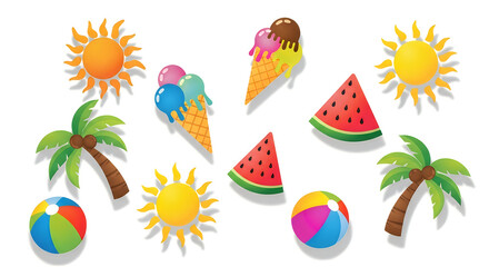 Obraz premium Colorful summer treats and beach icons set