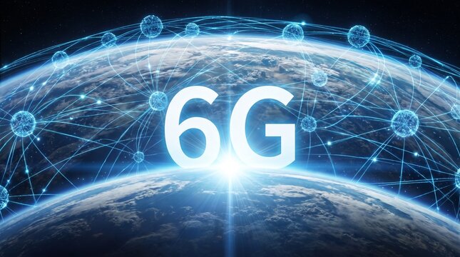 6G network technology concept with digital global data connection over planet Earth.