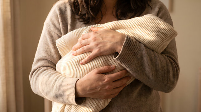 Grieving female clutching white baby blanket near window dealing with pregnancy loss bereavement or depression at home