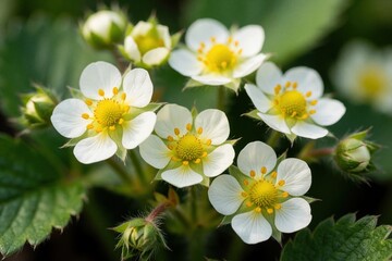 Obraz premium Close up of small white wild strawberry flowers in bloom. Fresh blossoms with yellow centers grow in green meadow. Tiny spring plants show delicate petals, buds in nature during summer season in